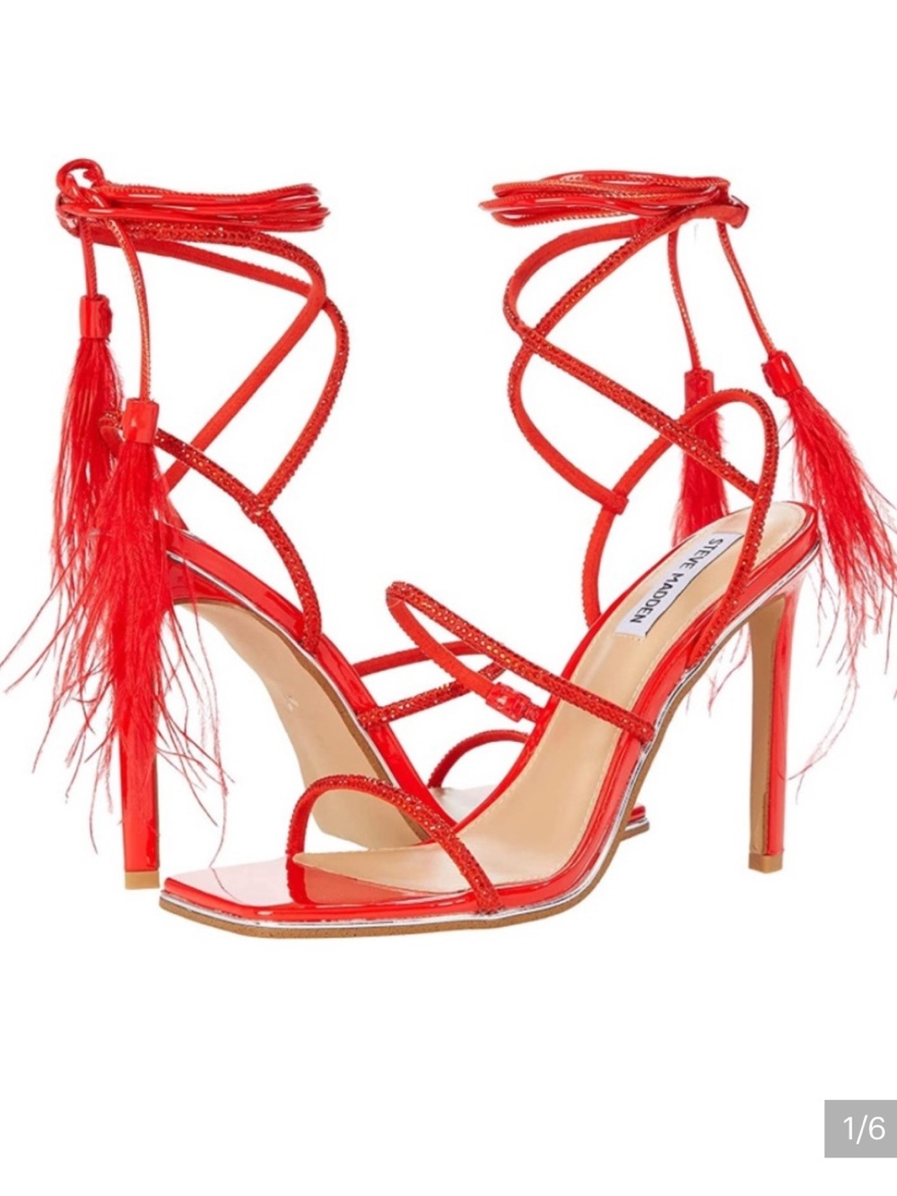 Steve Madden Red Strappy Feather-Tie Heel Sandals